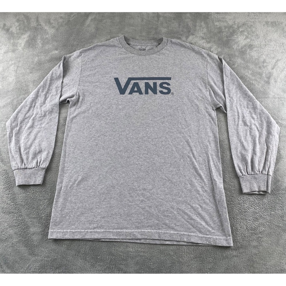 Vans Mens Long Sleeve Graphic T-Shirt Heather Gray Navy Blue Logo Size Large